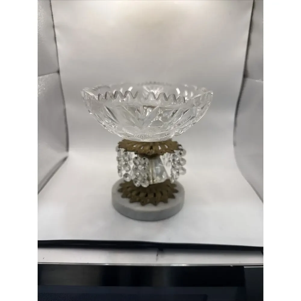 Vintage Hollywood Regency Crystal Brass Marble 7.5”Candy Dish With Crystals *